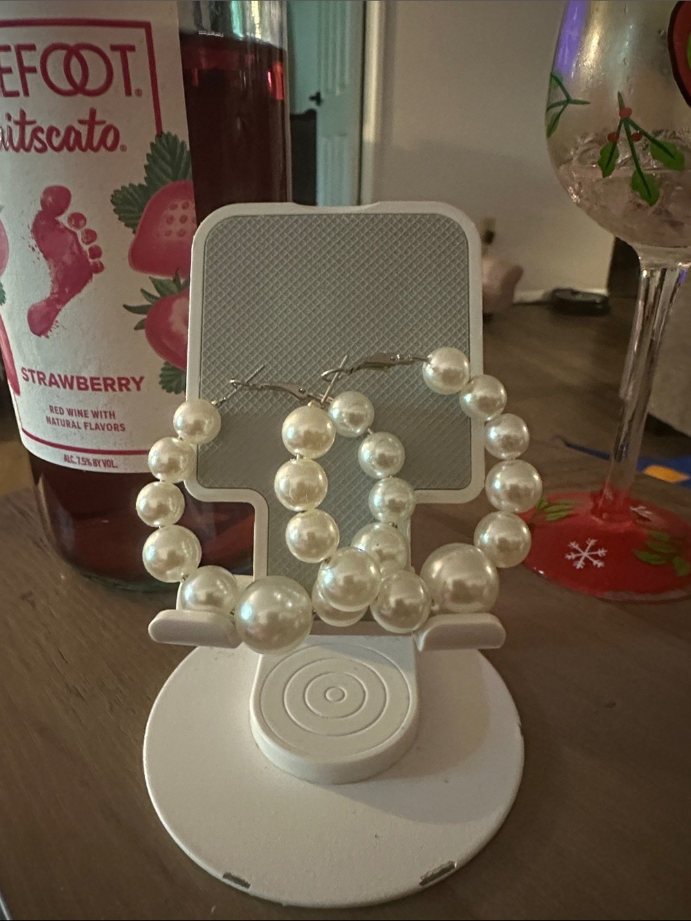 Classic Pearl Hoop Earrings - White Pearls silver post Medium size